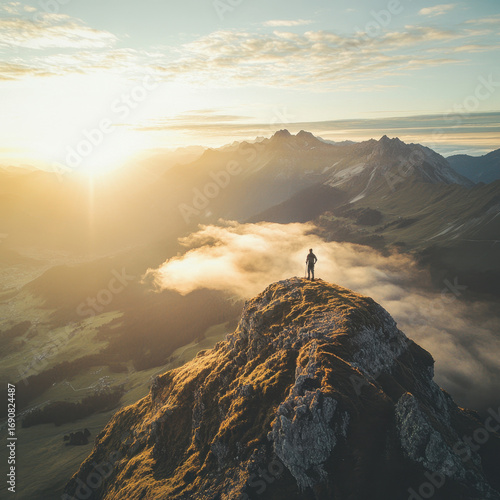 Summit Serenity: a person standing at the apex of a mountain, bathed in the golden hues of sunrise, a majestic panorama.