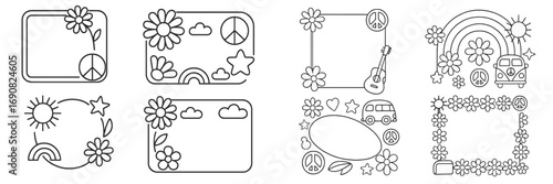 Collection of groovy hippie frames and borders with peace signs, daisies, and rainbows in a retro 1960s doodle line art style