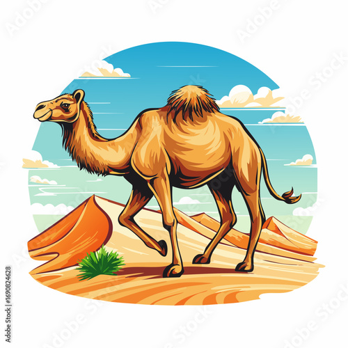 A majestic dromedary camel illustrated walking across the golden sand dunes of a vast and sunny desert landscape