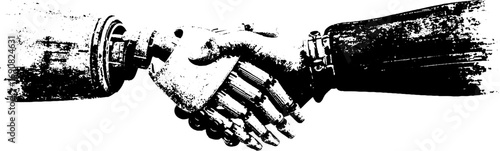 Grunge black and white illustration of robot and human handshake for partnership concept