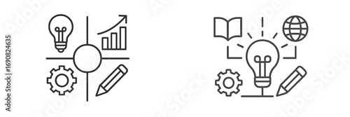 Business strategy and creative process line icon set for innovation, development, and learning concepts with lightbulb, gear, and chart symbols