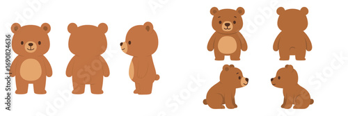 Cute brown bear character sheet with various poses for animation or design, including front, back, and side views in standing and sitting positions