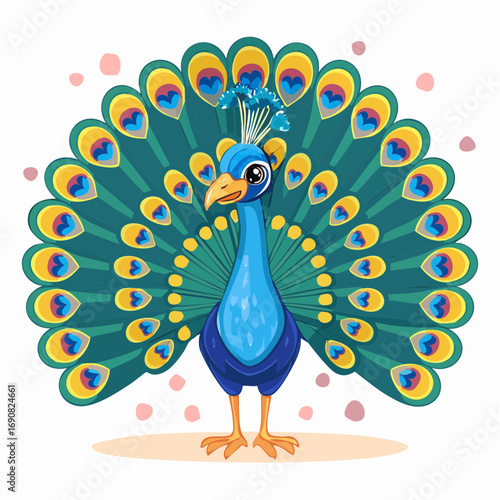 A vibrant and charming cartoon peacock standing proudly with its magnificent tail feathers fully spread in a dazzling display of color