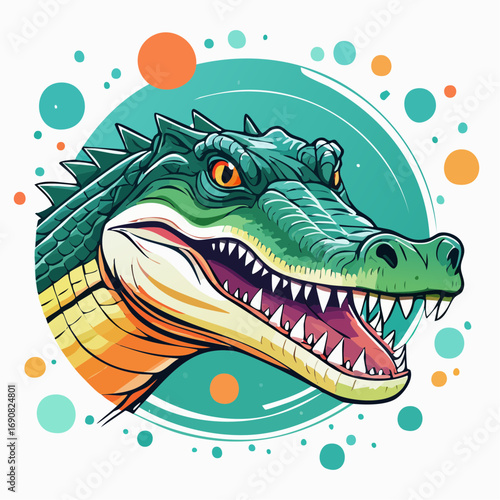 Fierce crocodile head mascot with a powerful roar, a vibrant and modern graphic illustration of a wild reptile predator