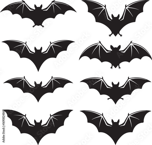 Collection of Eight Black Silhouette Flying Bats With Detailed Wings creature animal