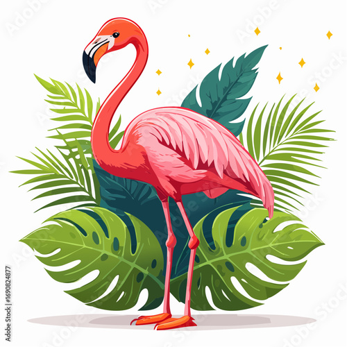 Tropical Flamingo Paradise Vibrant Bird Amidst Lush Greenery, Evoking Warmth and Exotic Beauty
