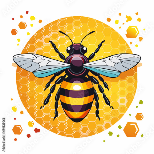 Vibrant illustration of a detailed bumblebee with outstretched wings, set against a shimmering golden honeycomb pattern, symbolizing nature's industriousness, pollination, and sweet harvest