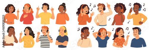 Diverse set of happy young people listening to music on headphones, singing and dancing with enjoyment on a white background