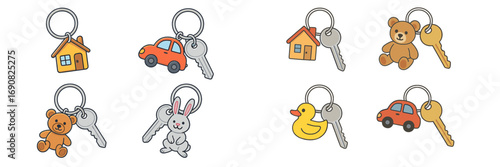 Set of cute cartoon keychains with various charms like house, car, teddy bear, rabbit, and duck isolated on a white background