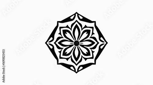 Symmetrical floral design with eight petals, enclosed within an octagonal frame, depicted in black against a white background.