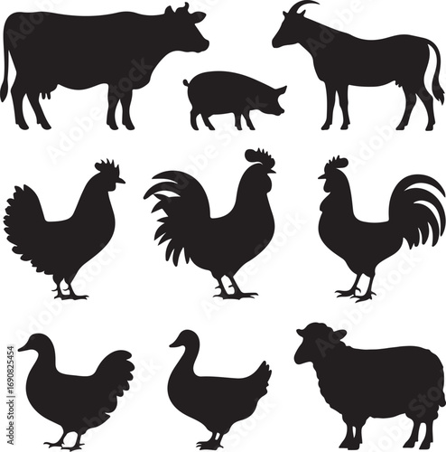 Farm Animal Silhouettes Collection With Cow Pig Goat Rooster Chicken Duck Sheep Keywords: farm