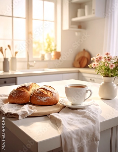 Firefly_A photograph of a cozy kitchen counter with freshly baked bread and a cup of coffee,  864650
