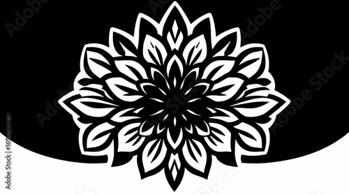 Black and white symmetrical floral design, centered on a black background.