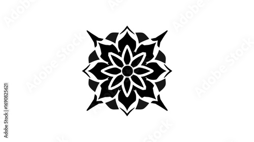 Abstract black and white floral mandala design, symmetrical, intricate, geometric pattern.