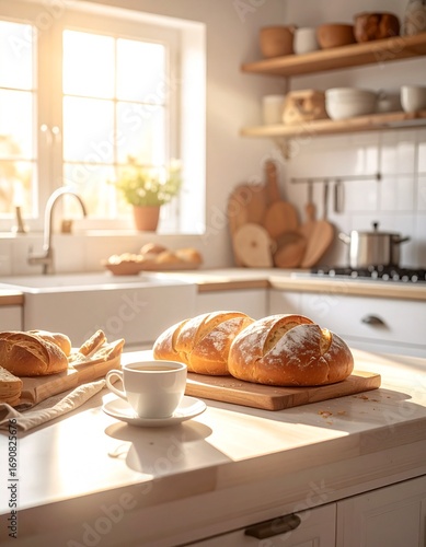 Firefly_A photograph of a cozy kitchen counter with freshly baked bread and a cup of coffee,  864650