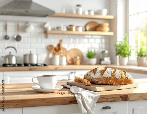 Firefly_A photograph of a cozy kitchen counter with freshly baked bread and a cup of coffee,  864650