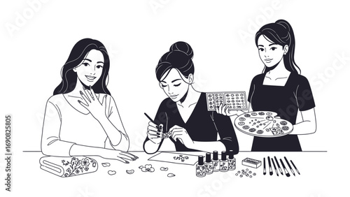 Three young women engaged in crafting and jewelry making showcasing creativity and artisanal skills in a workshop setting