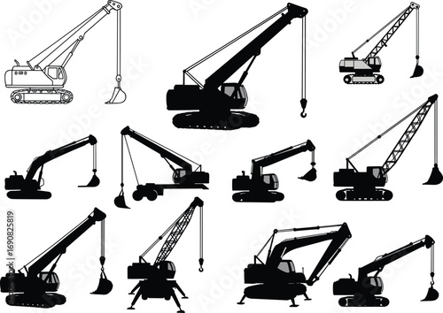 Dragline excavator silhouette set, construction lifting equipment, heavy machinery icons, crawler crane illustrations, black vector isolated tools, bucket lifting machines, industrial transport
