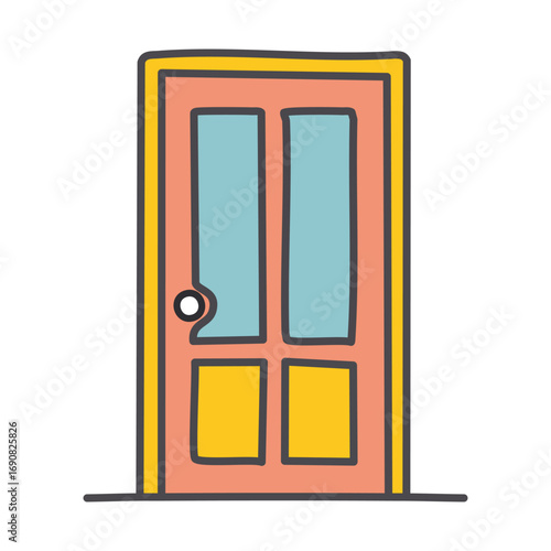 A cartoon-style drawing of a closed door with glass panels, a doorknob, and a yellow frame.