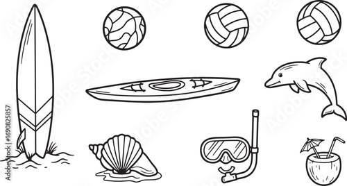 Set of black and white line art icons featuring summer beach vacation activities and ocean elements like a surfboard, kayak, and dolphin