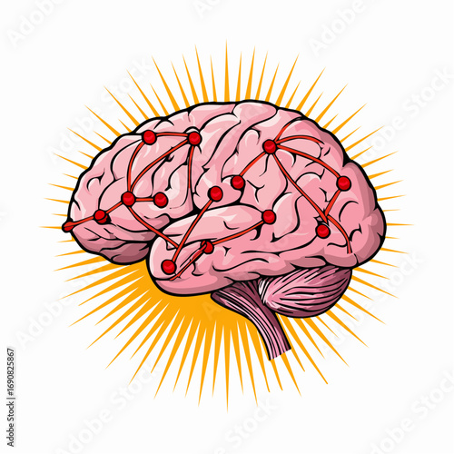 Vector illustration of a glowing brain with a network of interconnected nodes, symbolizing intelligence, consciousness, and the power of thought