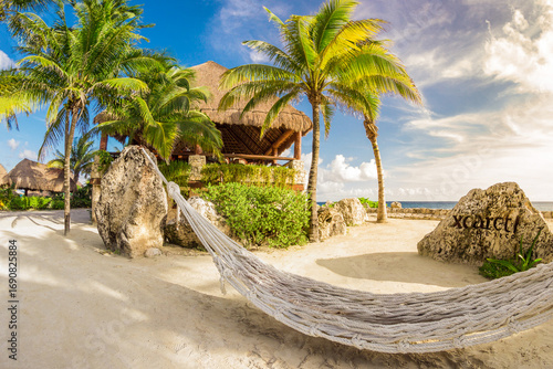 A tropical Caribbean beach landscape scene with a hammock, palm trees and blue sky in sunny day. Vacations in Xcaret park in Mexico in Riviera Maya