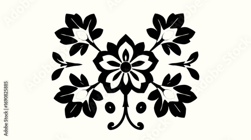 Symmetrical floral arrangement with stylized petals and leaves in black against a white background.