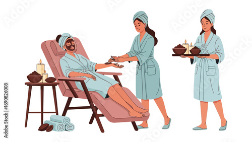 Relaxing spa scene with a client receiving a manicure and a therapist bringing treats and towels