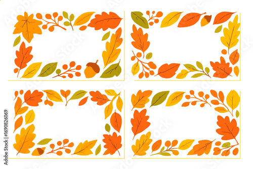Set of four autumn leaf frames with acorns and berries for seasonal decoration and Thanksgiving greetings on a white background
