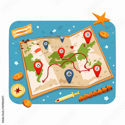 Colorful cartoon illustration of a travel map for planning an adventure journey across Europe with destination pins and vacation items