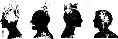 Grunge black and white silhouette collection of abstract heads for creative design