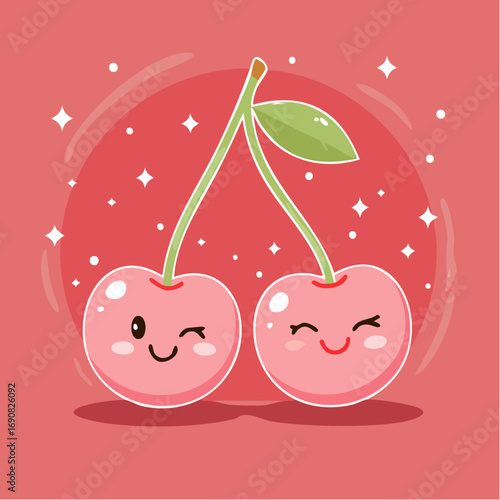 Adorable pair of kawaii cherries winking and smiling on a pink background. Cute cartoon fruit illustration with sparkles