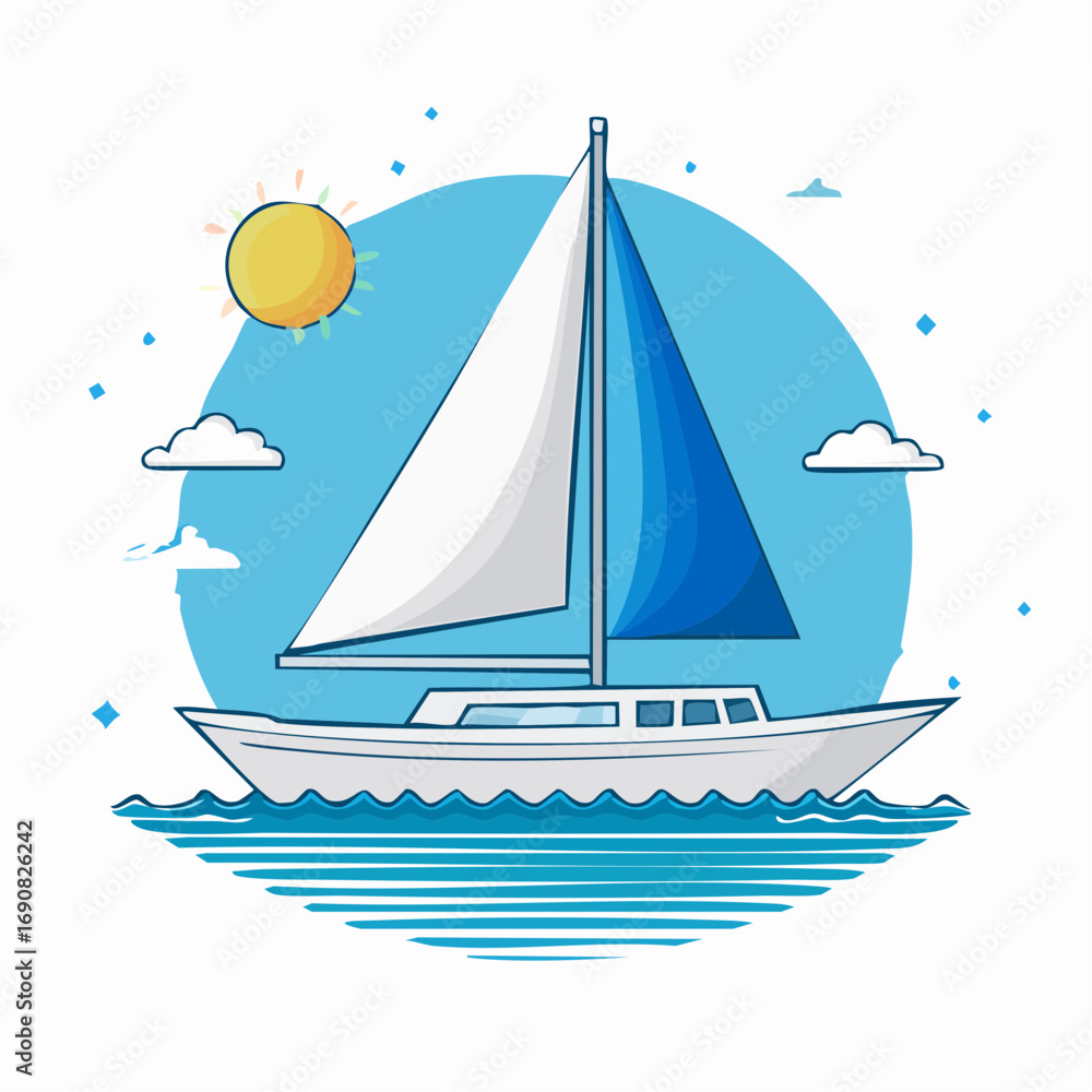 Fototapeta premium Vector illustration of a yacht sailing on the blue ocean waves under a sunny sky, symbolizing a nautical journey, summer vacation, and leisurely adventure
