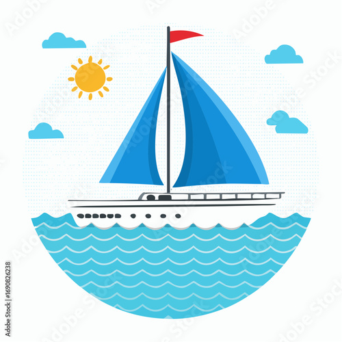 Stylized sailboat illustration with blue sails cruising on ocean waves under a sunny sky with clouds. A flat design concept for travel and vacation