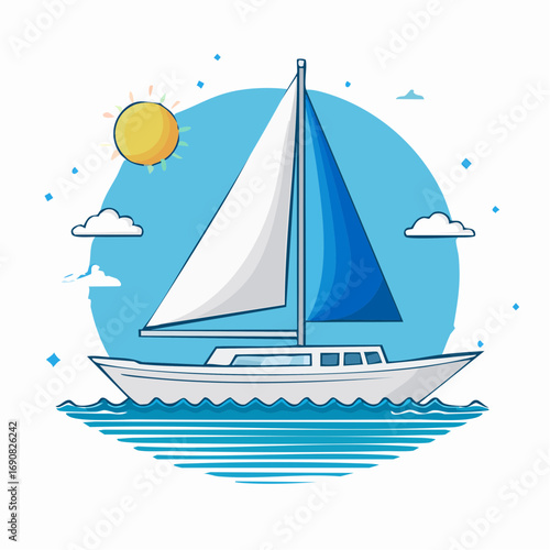 Vector illustration of a yacht sailing on the blue ocean waves under a sunny sky, symbolizing a nautical journey, summer vacation, and leisurely adventure