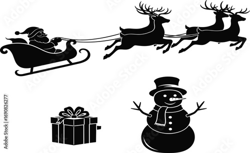 Christmas icons including Santa Claus sleigh with reindeer, snowman, and gift box in black silhouette style.