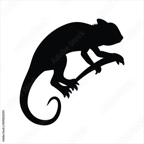 Black silhouette of a chameleon perched on a branch against a white background