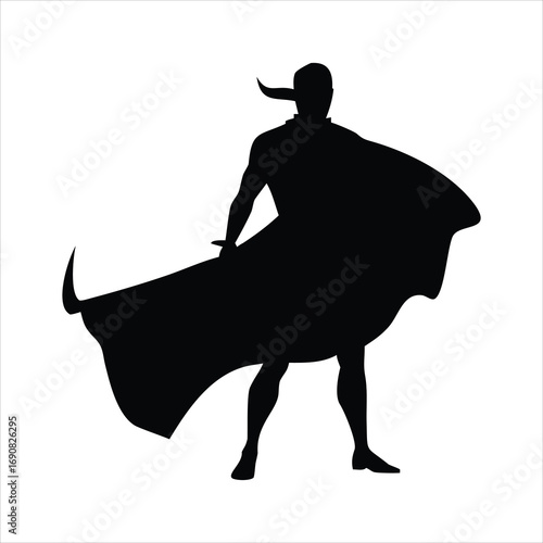 Silhouette of a matador with a cape and bull horns