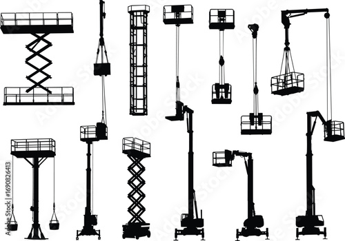 Elevated work platform silhouette set, cherry pickers, scissor lifts, boom lifts, aerial access equipment, construction lift machines, black vector illustration, isolated icons