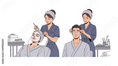 Two women in bathrobes and headbands applying facial masks and treatments to a man and a woman in a spa setting