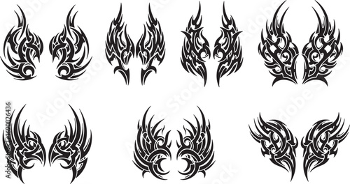 A creative collection of six pairs of symmetrical tribal wing designs, featuring abstract flame and feather patterns suitable for tattoos and decals
