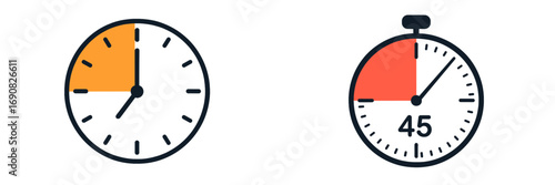 Clock and stopwatch timer icons showing 15 minute and 45 second intervals for time management and countdowns