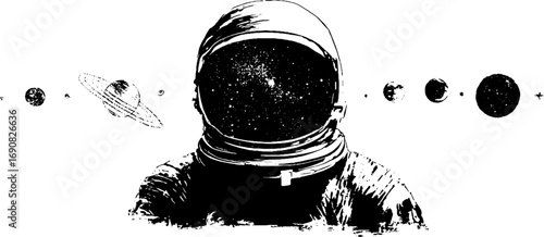 Grunge black and white astronaut silhouette with planets for space-themed design