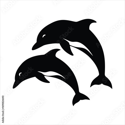 Two black dolphins jumping and leaping in silhouette against a white background