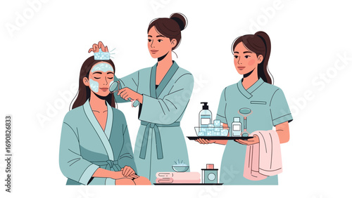 Three women in a spa setting with one receiving a facial treatment and another holding a tray of beauty products