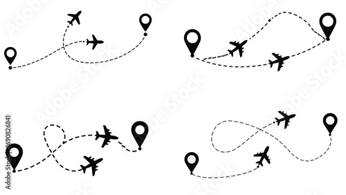 Vector illustration of airplane route icons with dotted travel lines and location pins showing flight paths