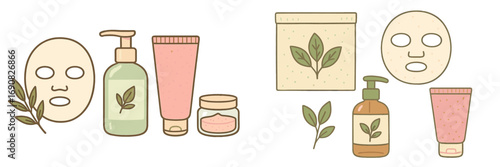 Set of natural organic skincare products with facial sheet mask, cream tube, lotion bottle, and botanical leaf elements