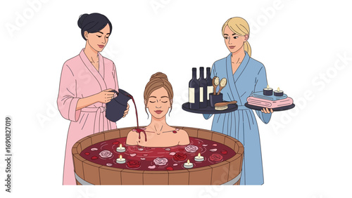 Two women in bathrobes attend to a woman enjoying a luxurious red wine bath with fruits and candles served by another woman with drinks and cake