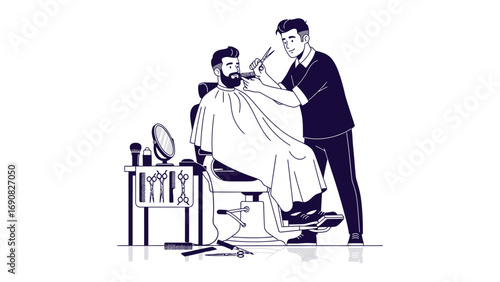 A skilled barber with a beard trims a client s beard and hair in a classic barbershop setting with tools and mirror