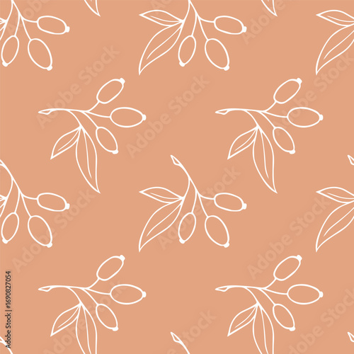 Pattern Hawthorn Berry Branches with Round Small Pome Fruits.